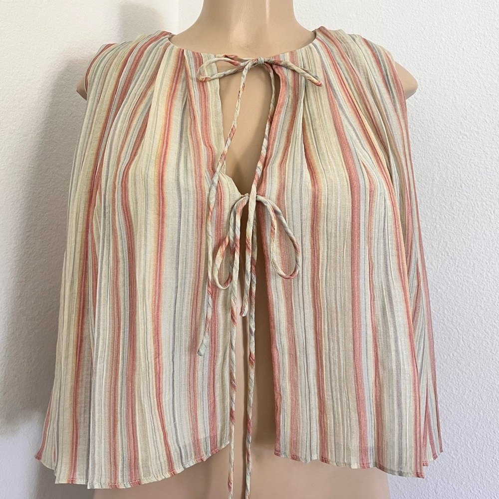 Jacqui E Striped Tie-Front Boho Blouse | Lightweight Cape Top NWT | Size S